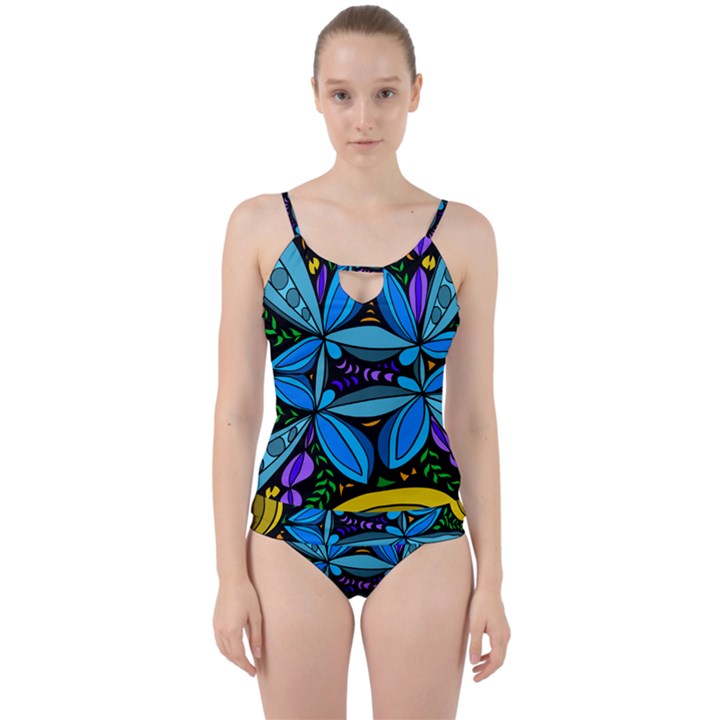 Star Polka Natural Blue Yellow Flower Floral Cut Out Top Tankini Set