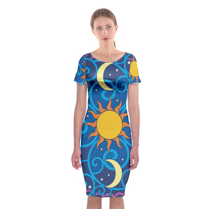 Sun Moon Star Space Vector Clipart Classic Short Sleeve Midi Dress