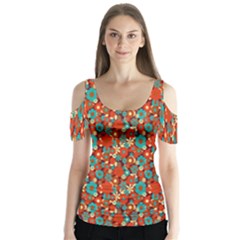 Surface Patterns Bright Flower Floral Sunflower Butterfly Sleeve Cutout Tee 