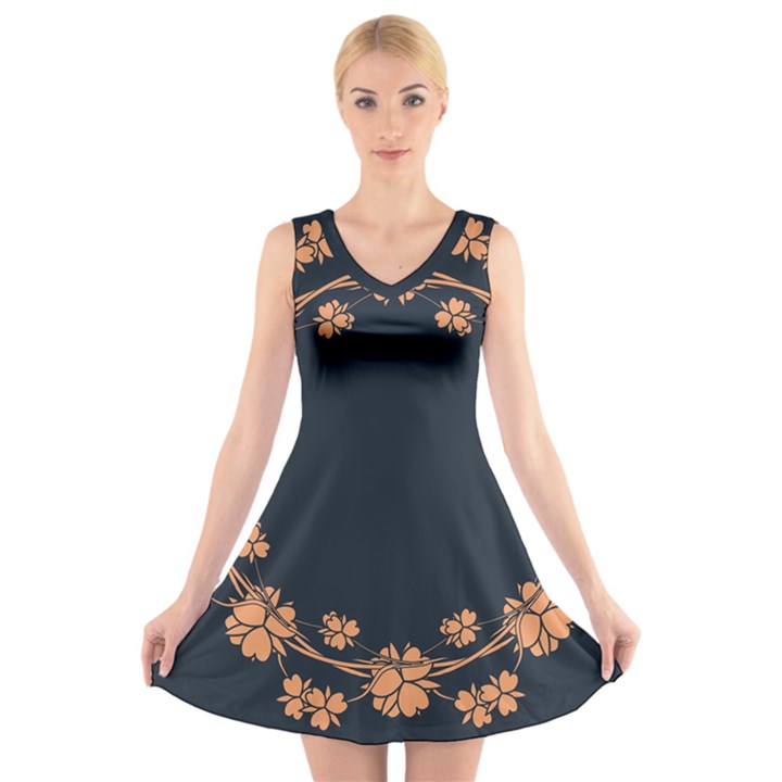 Floral Vintage Royal Frame Pattern V-Neck Sleeveless Skater Dress