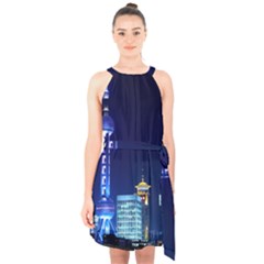 Shanghai Oriental Pearl Tv Tower Halter Collar Waist Tie Chiffon Dress