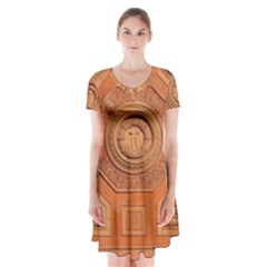 Symbolism Paneling Oriental Ornament Pattern Short Sleeve V-neck Flare Dress