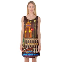 Shanghai Skyline Architecture Sleeveless Satin Nightdress by BangZart