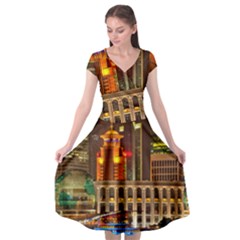 Shanghai Skyline Architecture Cap Sleeve Wrap Front Dress by BangZart