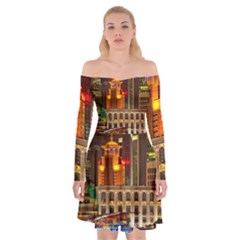 Shanghai Skyline Architecture Off Shoulder Skater Dress