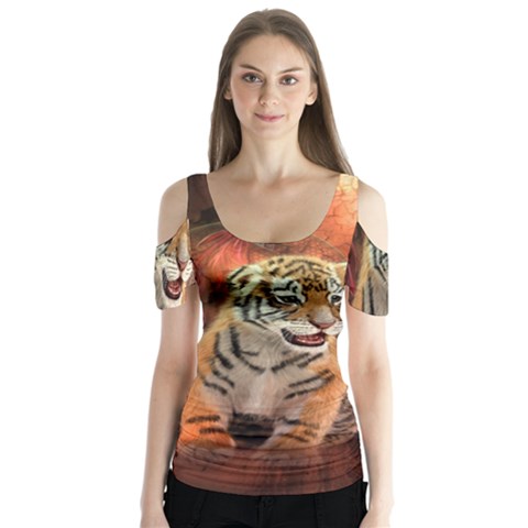 Cute Little Tiger Baby Butterfly Sleeve Cutout Tee  by FantasyWorld7