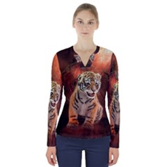 Cute Little Tiger Baby V-neck Long Sleeve Top by FantasyWorld7