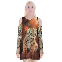Cute Little Tiger Baby Velvet Long Sleeve Shoulder Cutout Dress by FantasyWorld7
