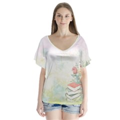 Romantic Watercolor Books And Flowers V-neck Flutter Sleeve Top by paulaoliveiradesign