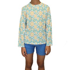 Seamless Pattern Blue Floral Kids  Long Sleeve Swimwear by paulaoliveiradesign
