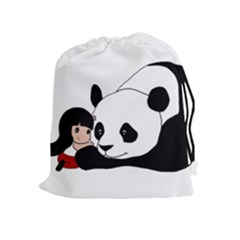 Girl And Panda Drawstring Pouches (extra Large) by Valentinaart