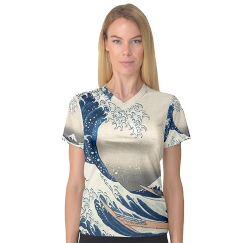 The Classic Japanese Great Wave Off Kanagawa By Hokusai V-neck Sport Mesh Tee by PodArtist