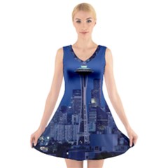 Space Needle Seattle Washington V-neck Sleeveless Skater Dress by Nexatart