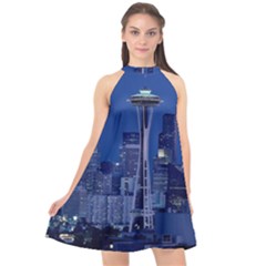 Space Needle Seattle Washington Halter Neckline Chiffon Dress  by Nexatart