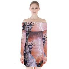 Statue Of Liberty New York Long Sleeve Off Shoulder Dress by Nexatart