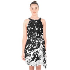 Black And White Splash Texture Halter Collar Waist Tie Chiffon Dress by dflcprints