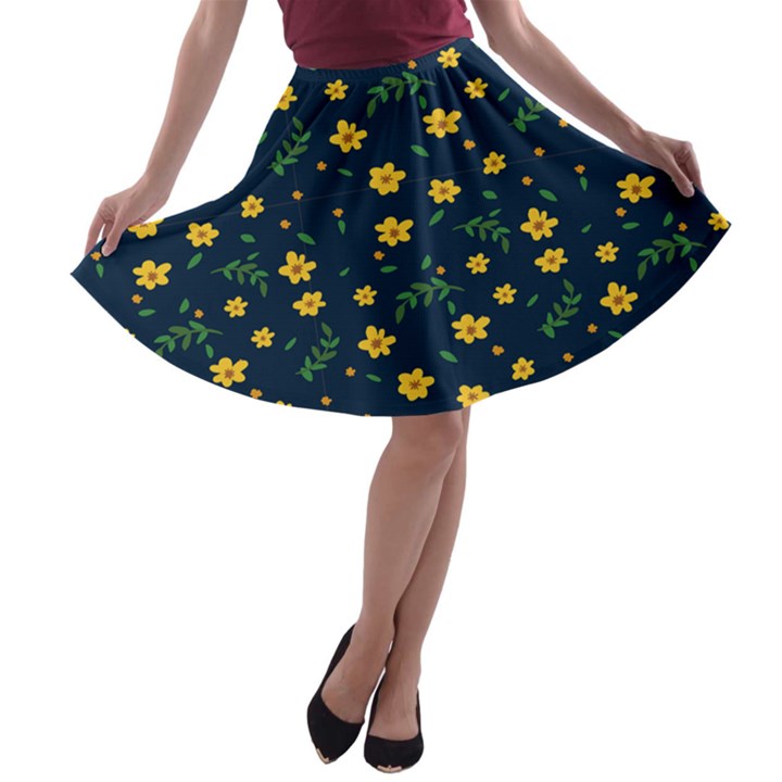 Yellow & Blue Bloom A-line Skater Skirt