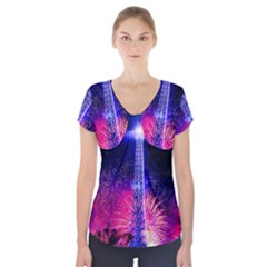 Paris France Eiffel Tower Landmark Short Sleeve Front Detail Top by Nexatart