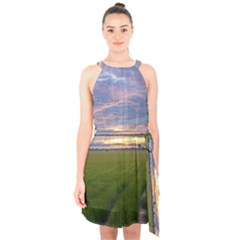 Landscape Sunset Sky Sun Alpha Halter Collar Waist Tie Chiffon Dress by Nexatart