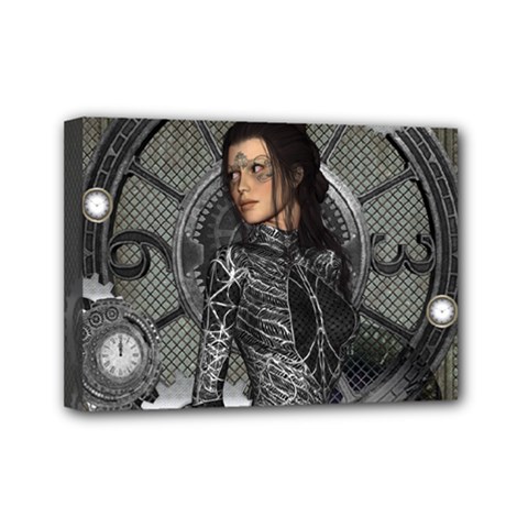 Steampunk, Steampunk Lady, Clocks And Gears In Silver Mini Canvas 7  X 5  by FantasyWorld7