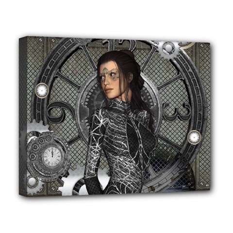 Steampunk, Steampunk Lady, Clocks And Gears In Silver Deluxe Canvas 20  X 16   by FantasyWorld7