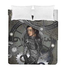 Steampunk, Steampunk Lady, Clocks And Gears In Silver Duvet Cover Double Side (full/ Double Size) by FantasyWorld7