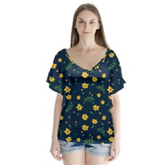Yellow & Blue Bloom V-neck Flutter Sleeve Top by justbeeinspired2