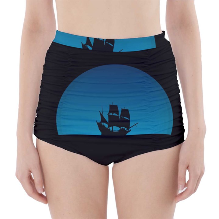 Ship Night Sailing Water Sea Sky High-Waisted Bikini Bottoms