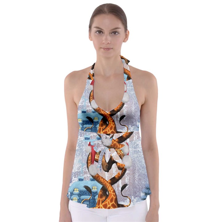 Christmas, Giraffe In Love With Christmas Hat Babydoll Tankini Top