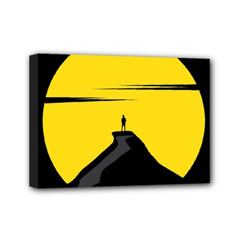 Man Mountain Moon Yellow Sky Mini Canvas 7  x 5 