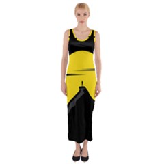 Man Mountain Moon Yellow Sky Fitted Maxi Dress