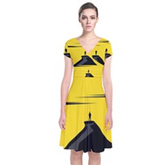 Man Mountain Moon Yellow Sky Short Sleeve Front Wrap Dress