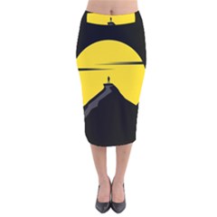 Man Mountain Moon Yellow Sky Velvet Midi Pencil Skirt by Nexatart