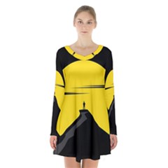 Man Mountain Moon Yellow Sky Long Sleeve Velvet V-neck Dress