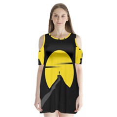 Man Mountain Moon Yellow Sky Shoulder Cutout Velvet  One Piece