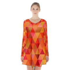 Red Hot Triangle Tile Mosaic Long Sleeve Velvet V-neck Dress