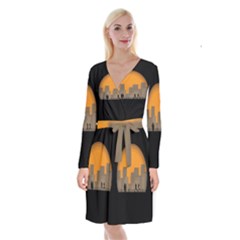 City Buildings Couple Man Women Long Sleeve Velvet Front Wrap Dress by Nexatart