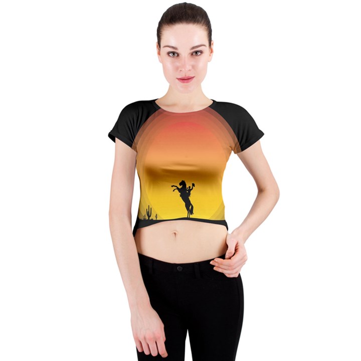 Horse Cowboy Sunset Western Riding Crew Neck Crop Top