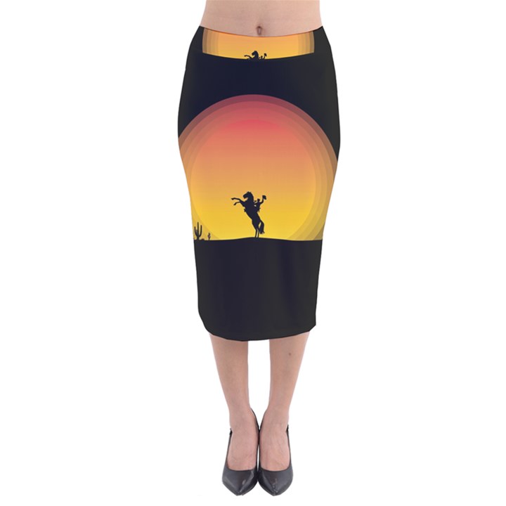 Horse Cowboy Sunset Western Riding Velvet Midi Pencil Skirt