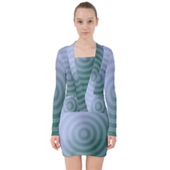 Teal Background Concentric V-neck Bodycon Long Sleeve Dress