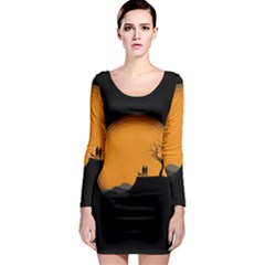 Couple Dog View Clouds Tree Cliff Long Sleeve Bodycon Dress