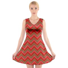 Background Retro Red Zigzag V-neck Sleeveless Skater Dress