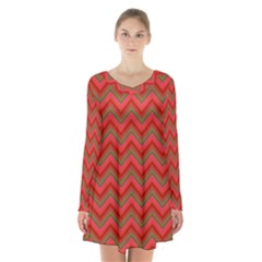 Background Retro Red Zigzag Long Sleeve Velvet V-neck Dress