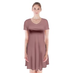 Blush Gold Coppery Pink Solid Color Short Sleeve V-neck Flare Dress by PodArtist