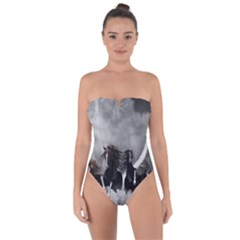 Awesome Wild Black Horses Running In The Night Tie Back One Piece Swimsuit by FantasyWorld7