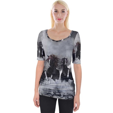Awesome Wild Black Horses Running In The Night Wide Neckline Tee by FantasyWorld7