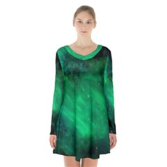 Green Space All Universe Cosmos Galaxy Long Sleeve Velvet V-neck Dress by Nexatart