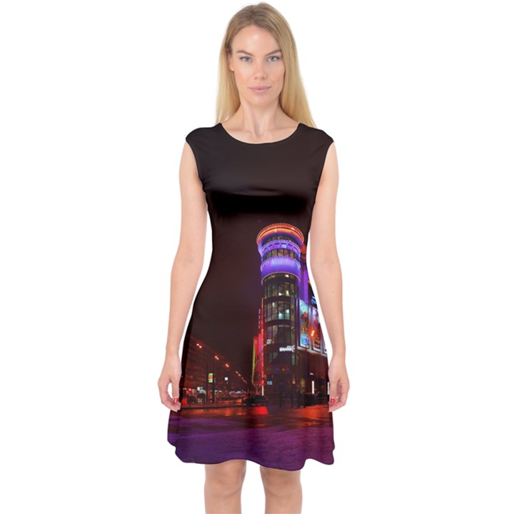 Moscow Night Lights Evening City Capsleeve Midi Dress