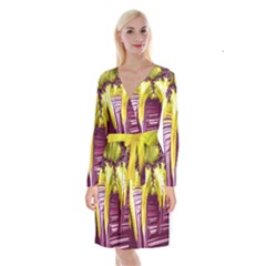 Yellow Magenta Abstract Fractal Long Sleeve Velvet Front Wrap Dress