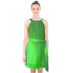 Green Background Abstract Color Halter Collar Waist Tie Chiffon Dress